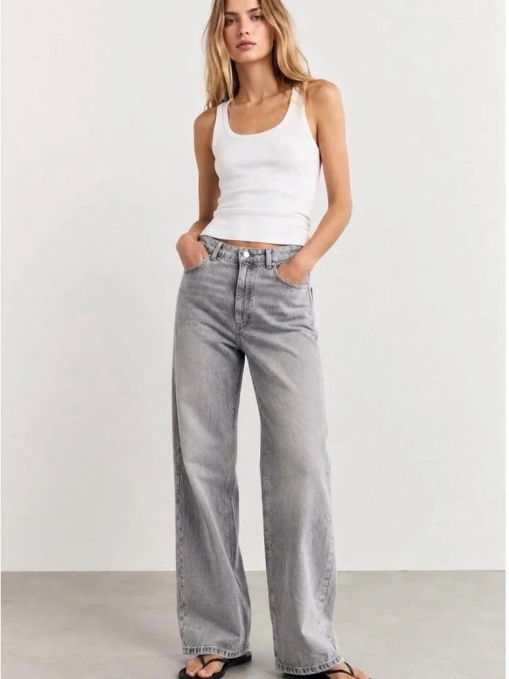 Zara Light Gray High-Rise Wide-Leg Jeans